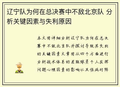 辽宁队为何在总决赛中不敌北京队 分析关键因素与失利原因